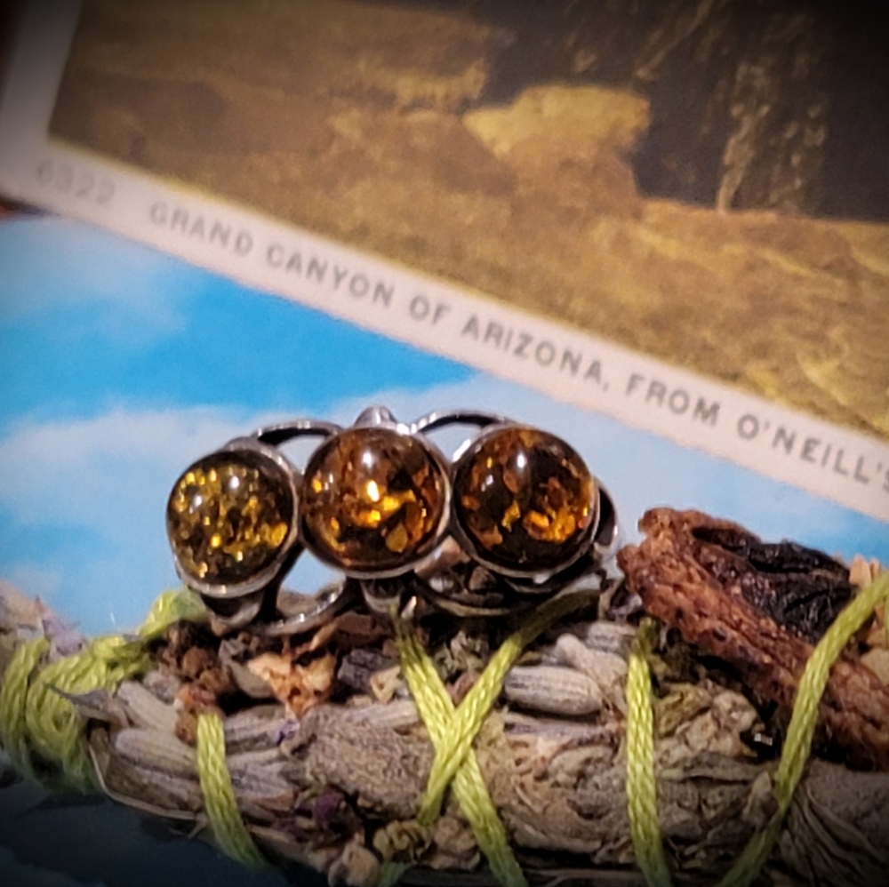 Triple Green Amber Silver Ring - image 6